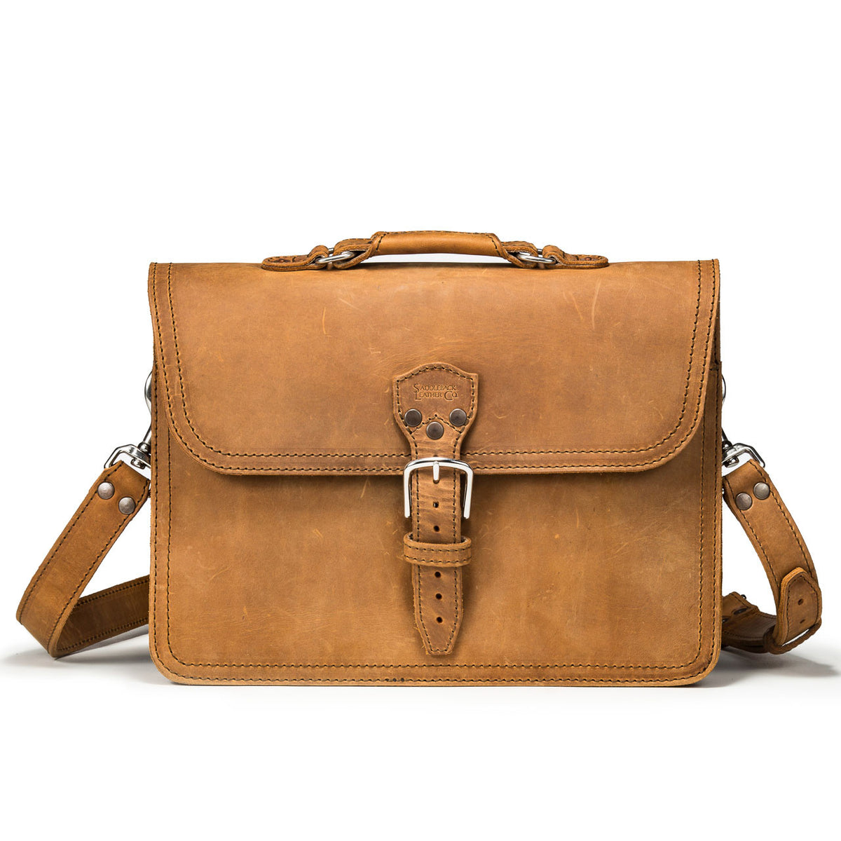 Fourteener Thin Leather Briefcase in Tobacco, front view with top handle, buckled flap and shoulder strap