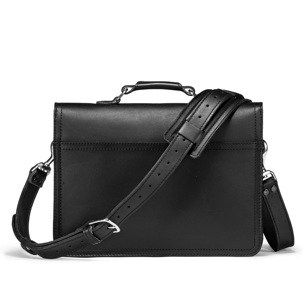 Fourteener Thin Leather Briefcase in Black, back view with top handle and shoulder strap