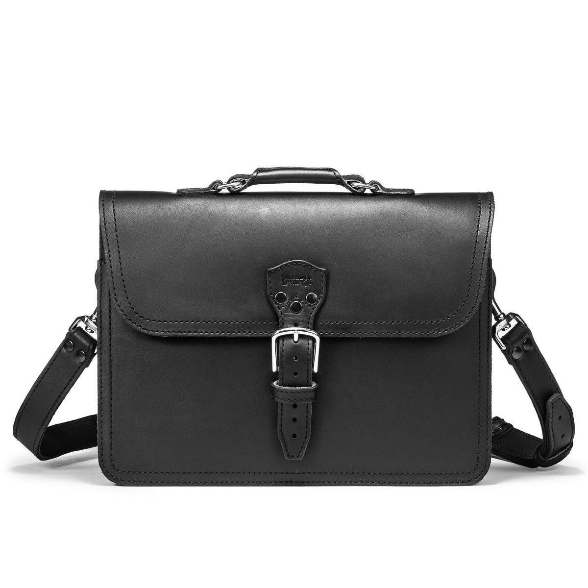 Fourteener Thin Leather Briefcase in Black, front view with top handle, buckled flap and shoulder strap