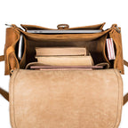 Tank Backpack in Tobacco, top view open with a laptop, books and a phone inside
