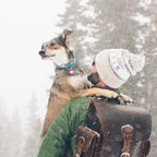 Tank Backpack in Dark Coffee Brown, worn by a man hugging his dog in the falling snow