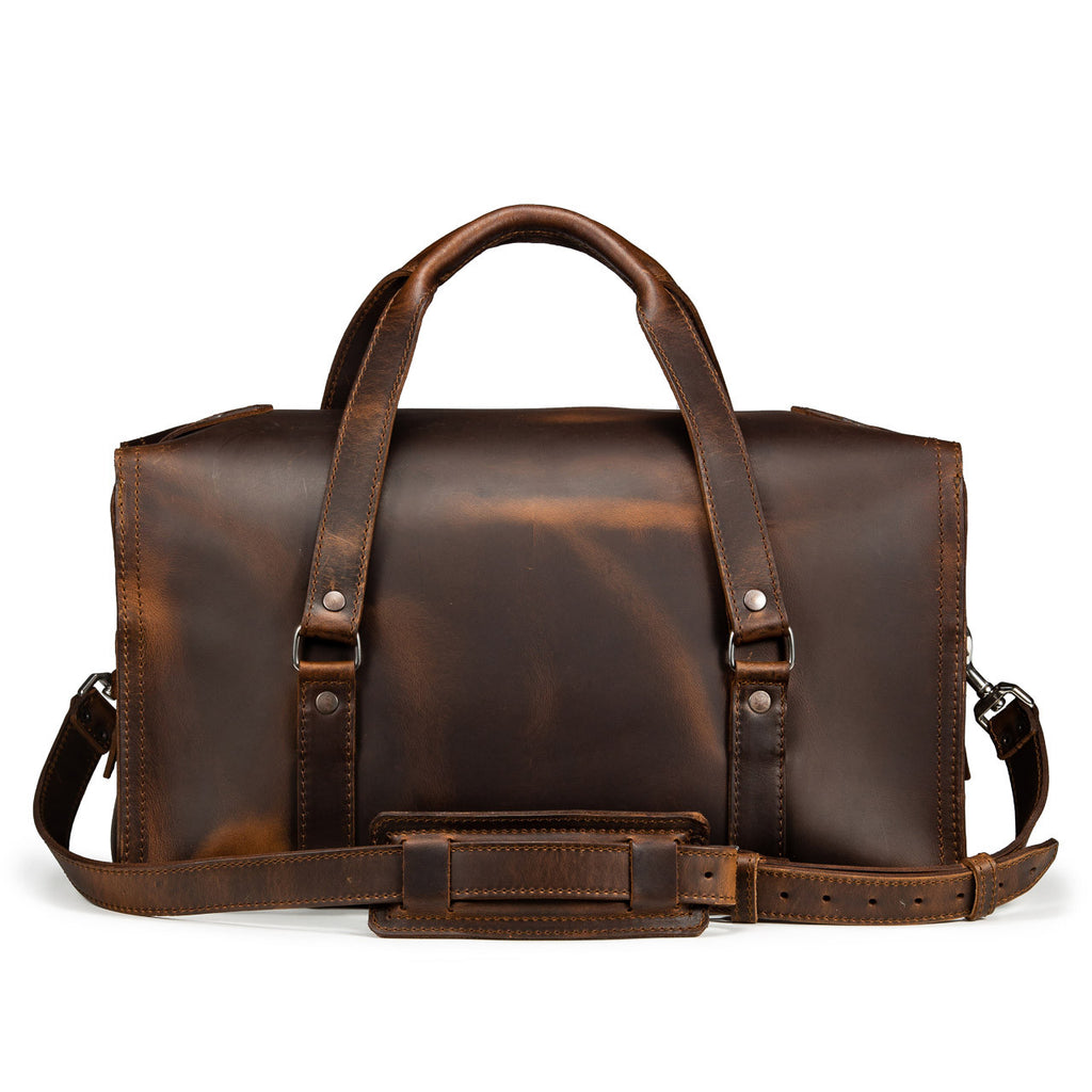 20" Baby Beast Duffle Bag in Dark Coffee Brown, back view with handles and padded shoulder strap