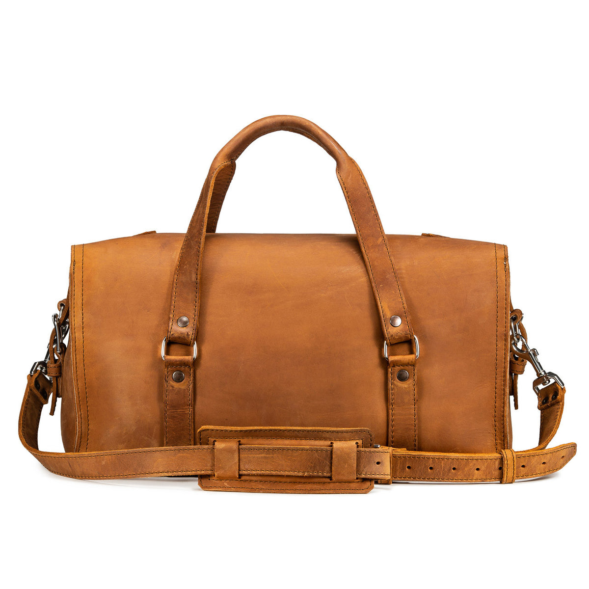 20" Baby Beast Duffle Bag in Tobacco, back view with handles and padded shoulder strap