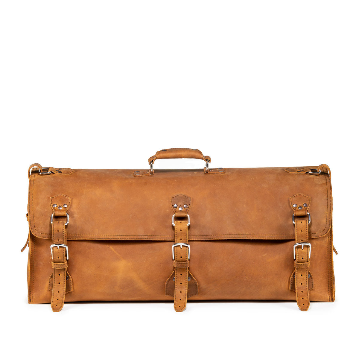 34" Beast Duffle Bag in Tobacco, front view with three buckle straps and top handle
