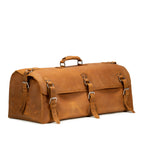 34" Beast Duffle Bag in Tobacco, angled front view with three buckle straps and top handle