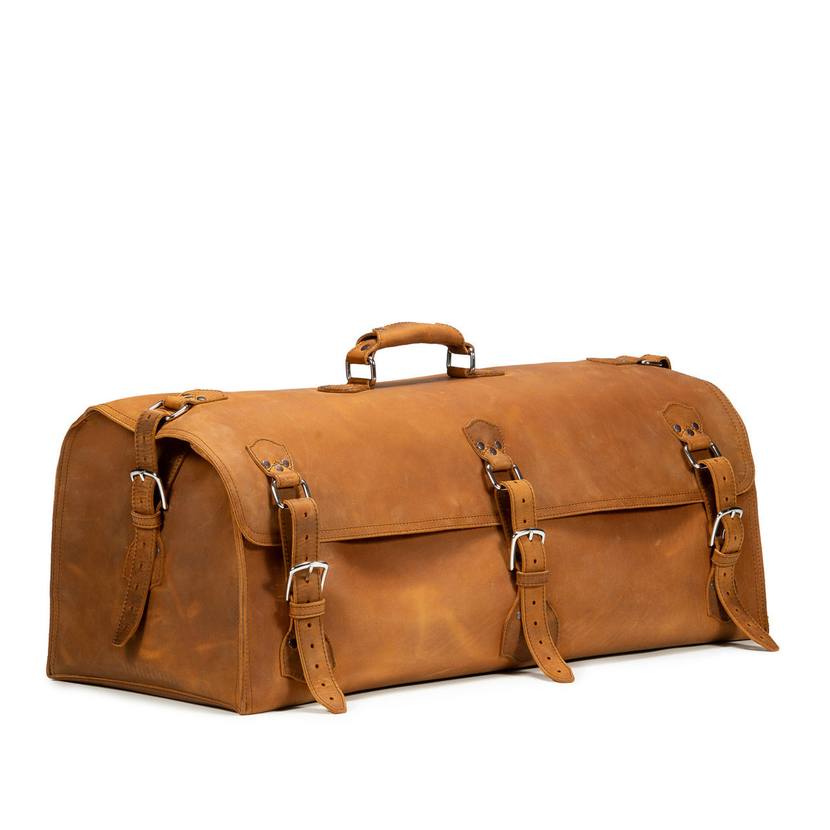 34" Beast Duffle Bag in Tobacco, angled front view with three buckle straps and top handle