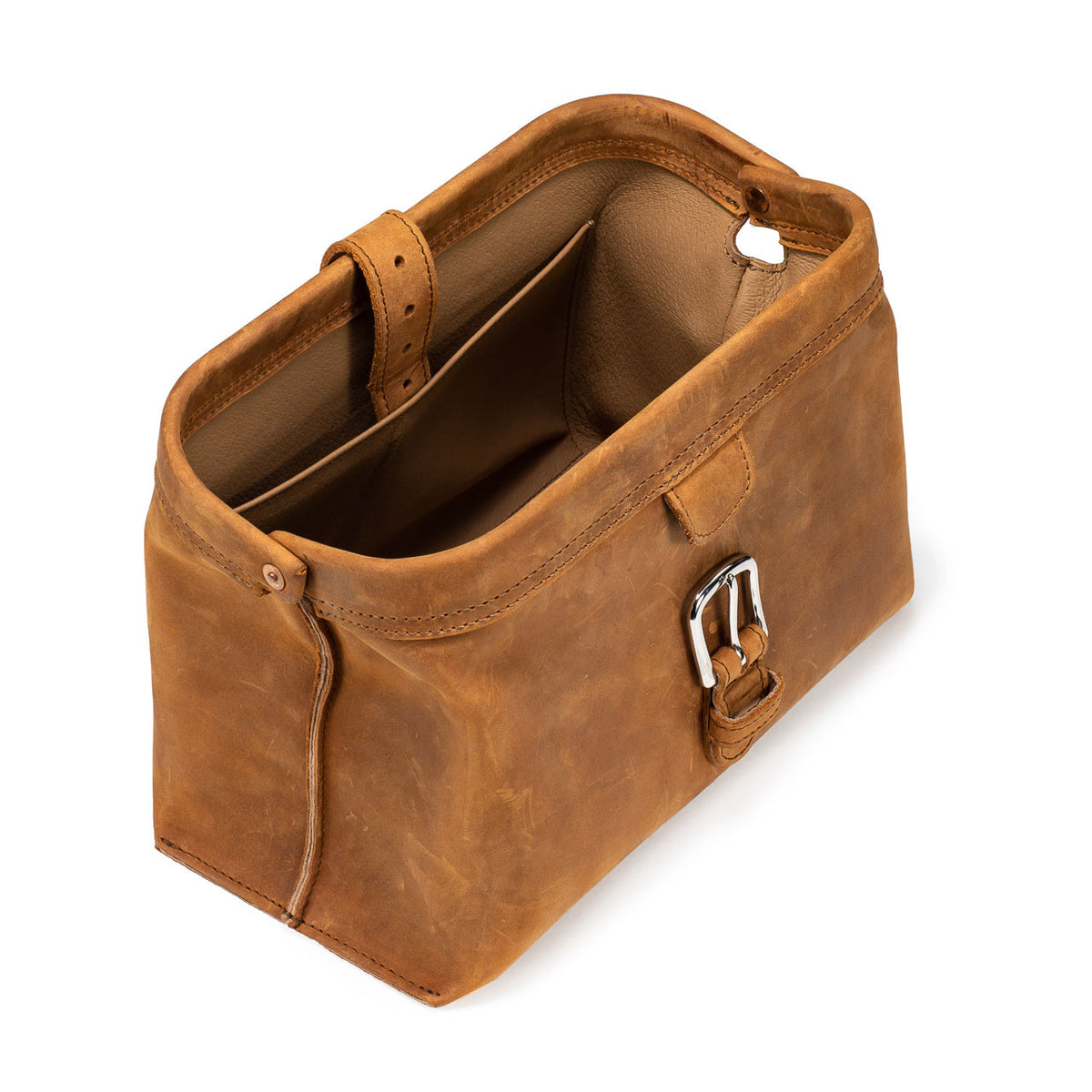 Big Mouth Leather Toiletry Bag in Tobacco, open wide-mouth view showing interior pocket and lining