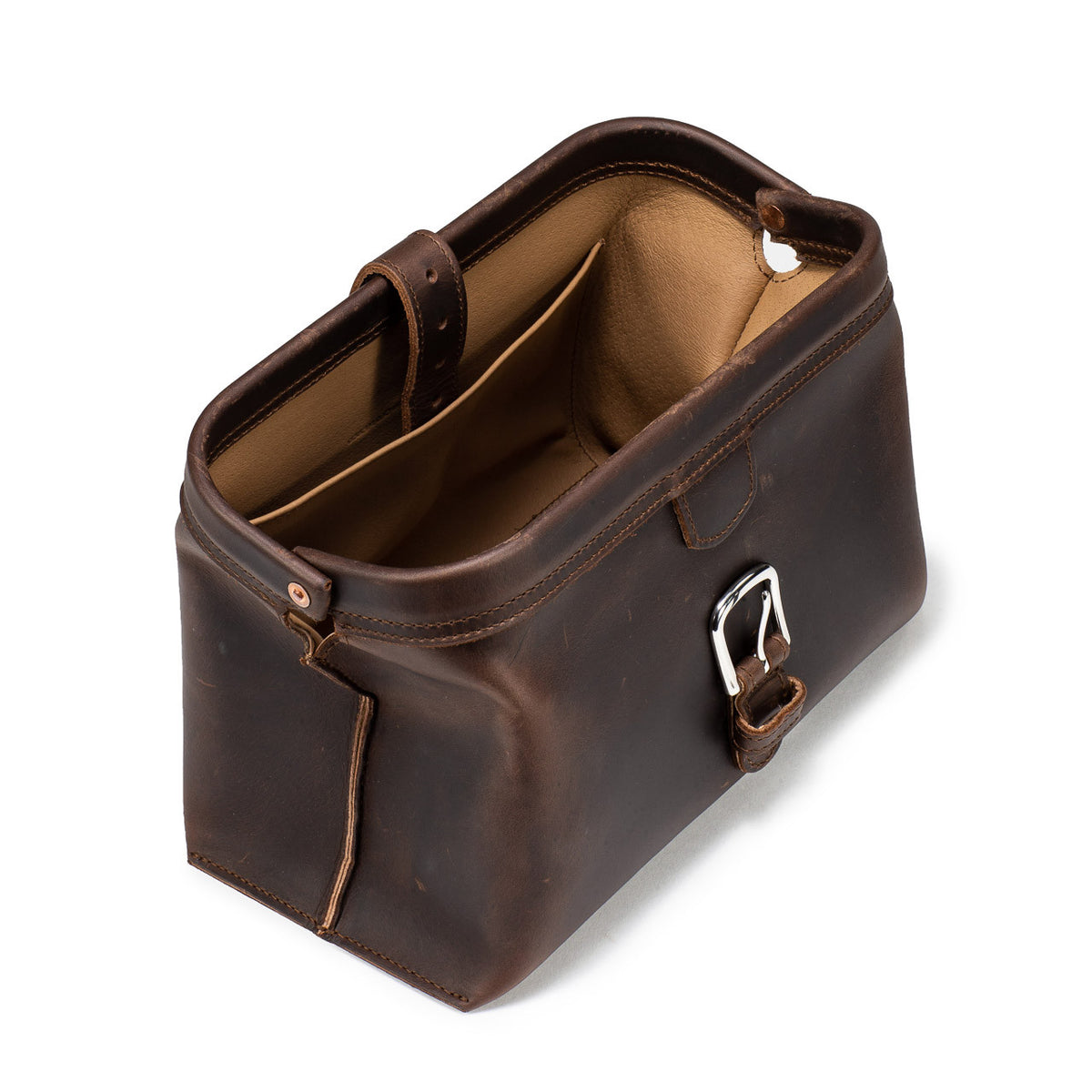 Big Mouth Leather Toiletry Bag in Dark Coffee Brown, open wide-mouth view showing interior pocket and lining