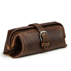 Little Big Mouth Toiletry Bag in Dark Coffee Brown, angled front view with wide frame opening and buckled strap closure