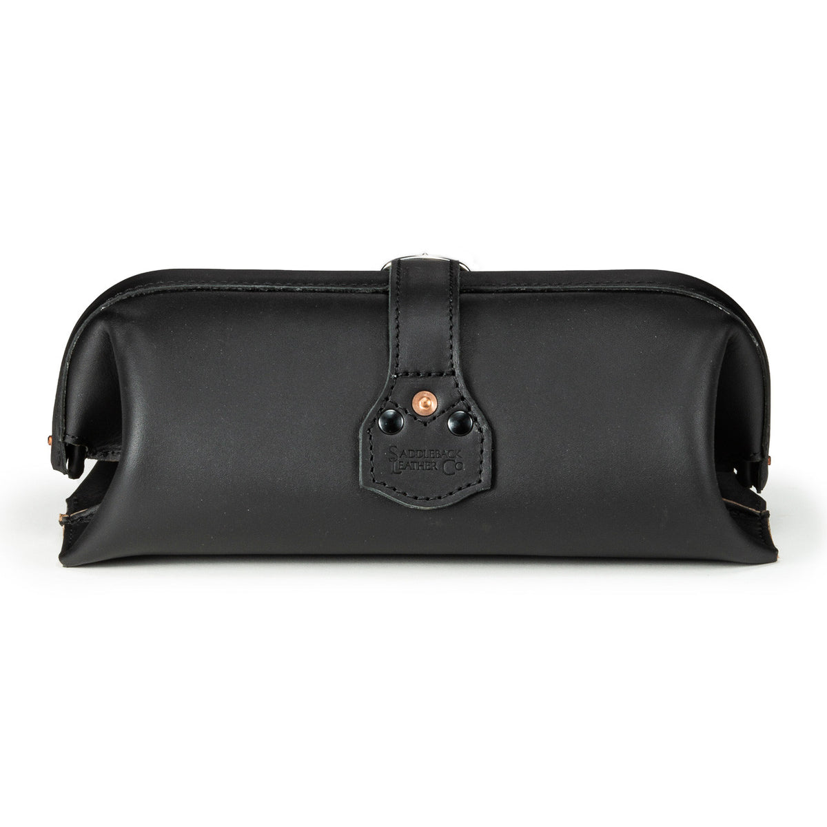 Little Big Mouth Toiletry Bag in Black, back view with riveted strap tab and embossed logo