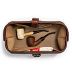 Little Big Mouth Toiletry Bag in Chestnut, top view open holding a corncob pipe, a wooden pipe and pipe cleaners
