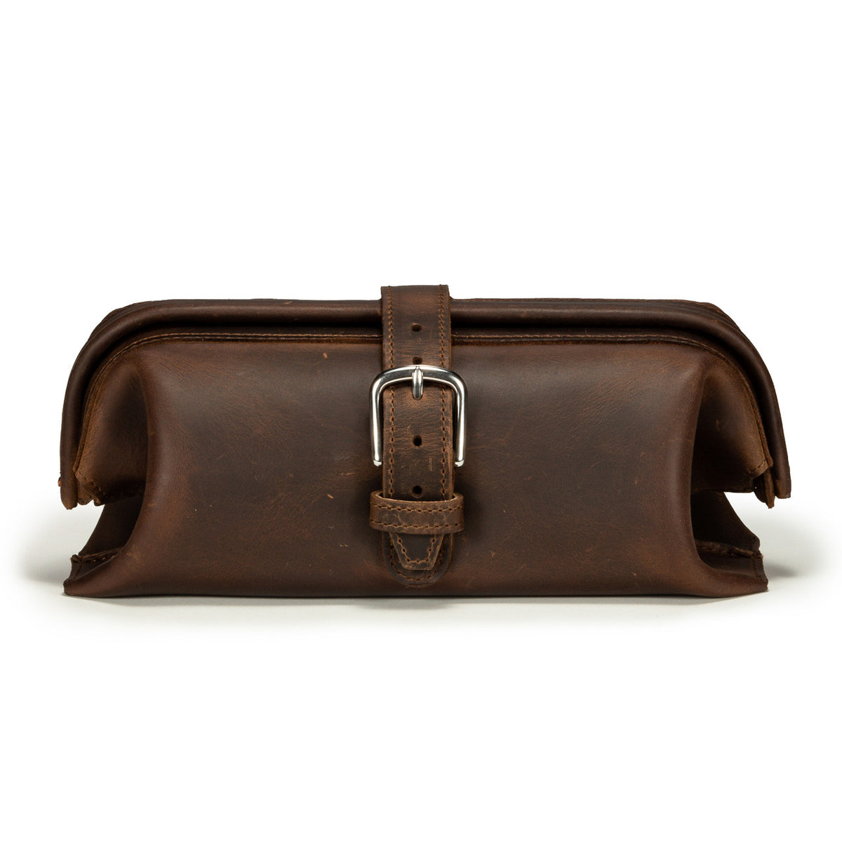 Little Big Mouth Toiletry Bag in Dark Coffee Brown, front view with wide frame top and buckled strap closure