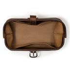 Little Big Mouth Toiletry Bag in Dark Coffee Brown, top view open and empty showing the wide mouth and lined interior