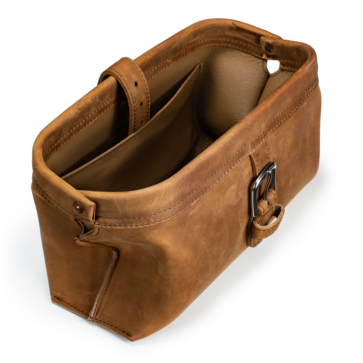 Little Big Mouth Toiletry Bag in Tobacco, angled view with the frame mouth open showing the lined interior