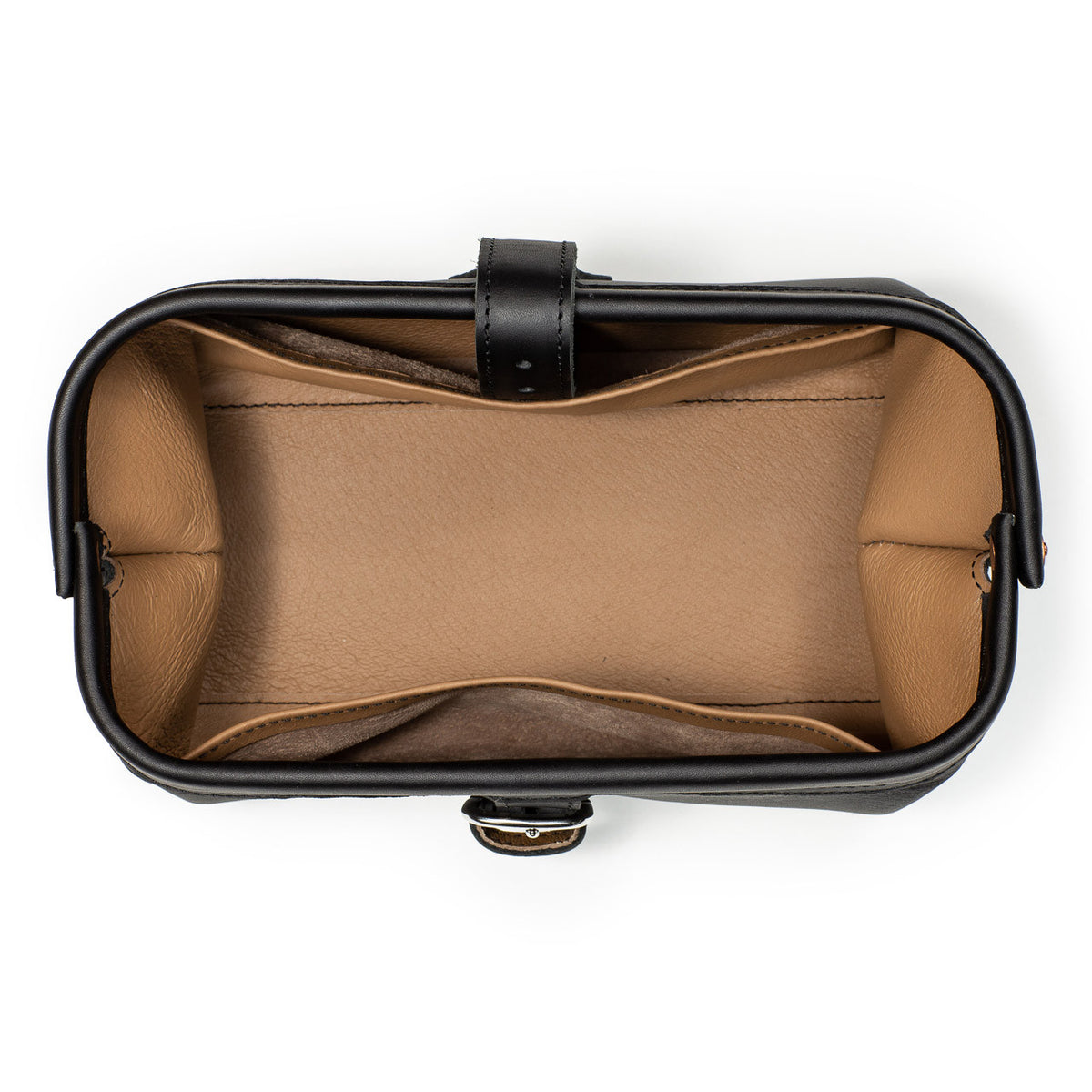 Little Big Mouth Toiletry Bag in Black, top view open and empty showing the wide mouth and lined interior