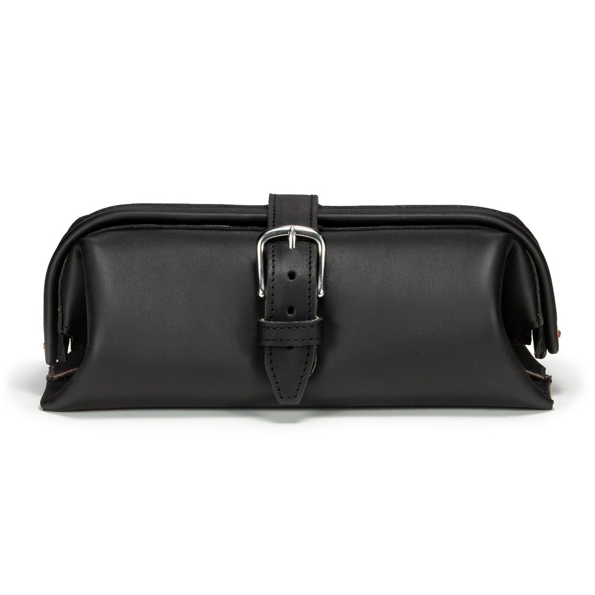 Little Big Mouth Toiletry Bag in Black, front view with wide frame top and buckled strap closure