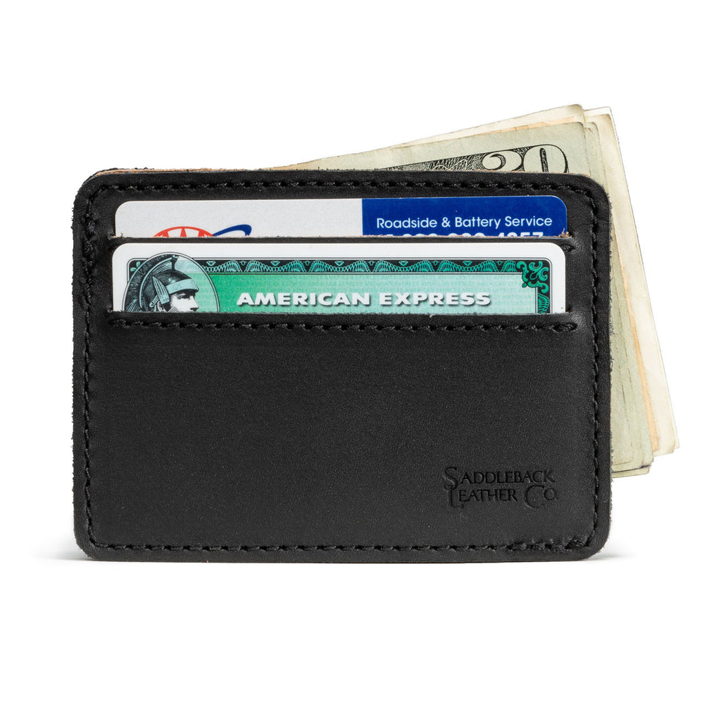 Front Pocket Leather ID Wallet in Black holding cards in both slots with folded cash behind