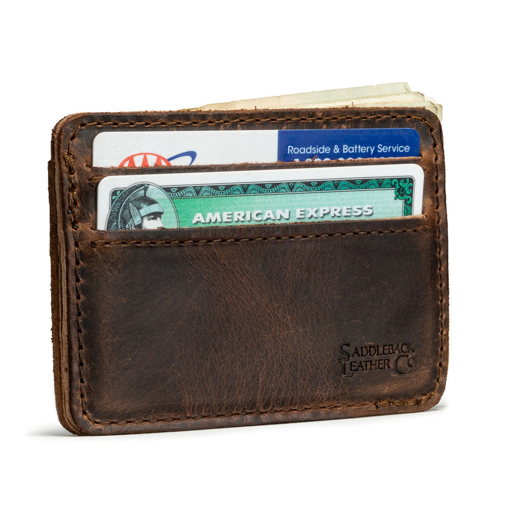 Front Pocket Leather ID Wallet in Dark Coffee Brown holding cards in both slots with folded cash behind