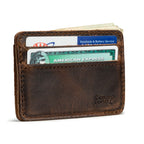 Front Pocket Leather ID Wallet in Dark Coffee Brown holding cards in both slots with folded cash behind