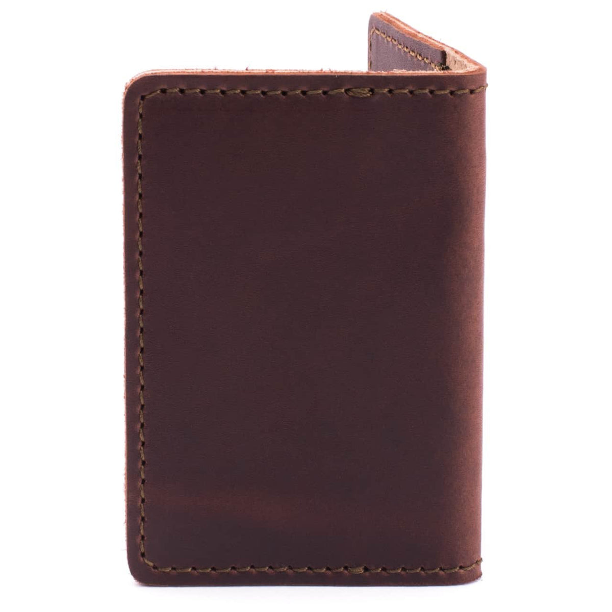Slim Business Card Holder in Chestnut leather, closed back view showing stitched edges