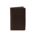 Slim Business Card Holder in Dark Coffee Brown leather, closed front view with embossed logo