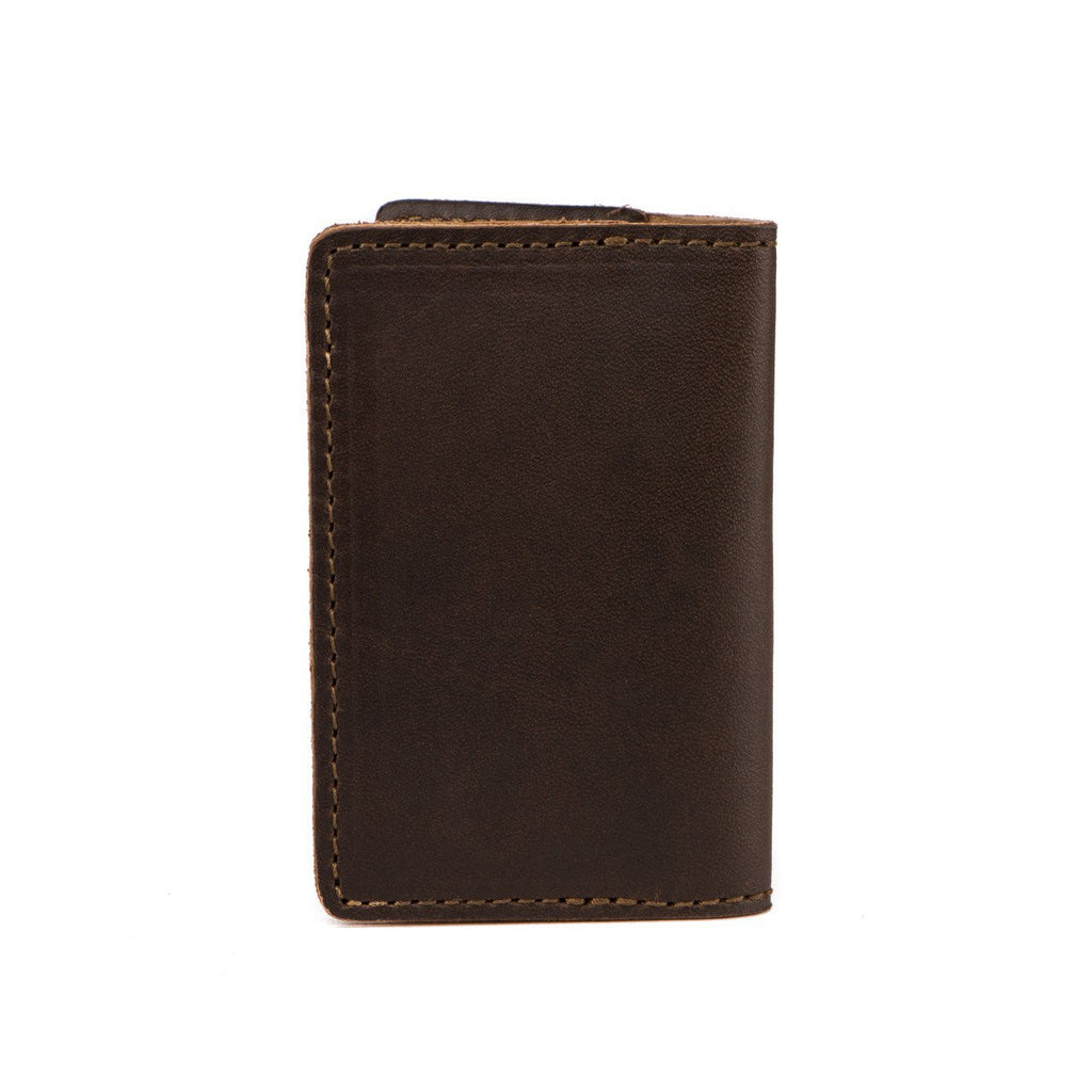 Slim Business Card Holder in Dark Coffee Brown leather, closed back view showing stitched edges