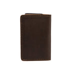 Slim Business Card Holder in Dark Coffee Brown leather, closed back view showing stitched edges