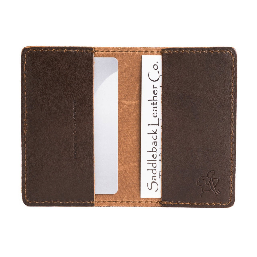 Slim Business Card Holder in Dark Coffee Brown opened flat with cards in both inner pockets