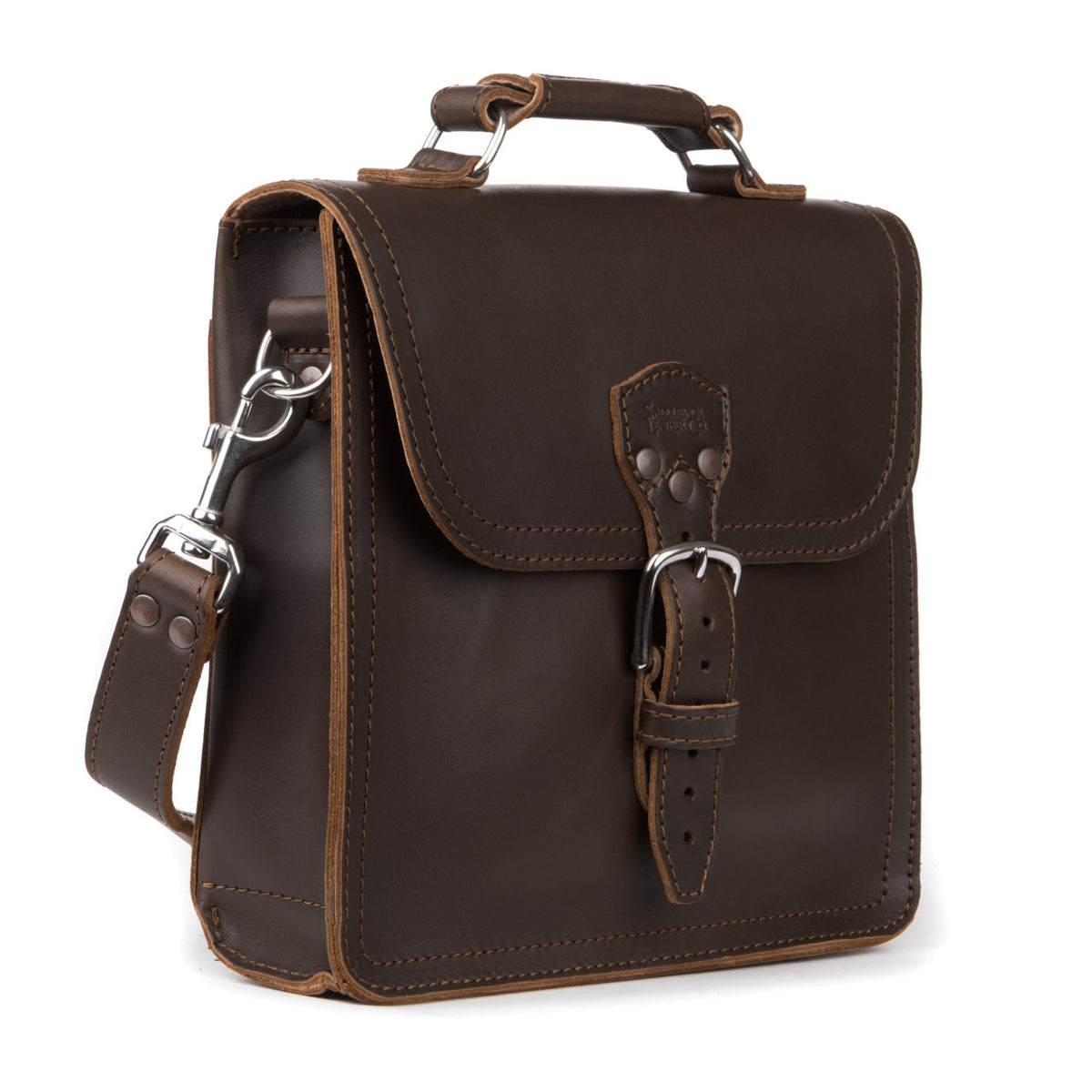 Indiana Leather Satchel in Dark Coffee Brown, angled front view with buckled flap, top handle and shoulder strap