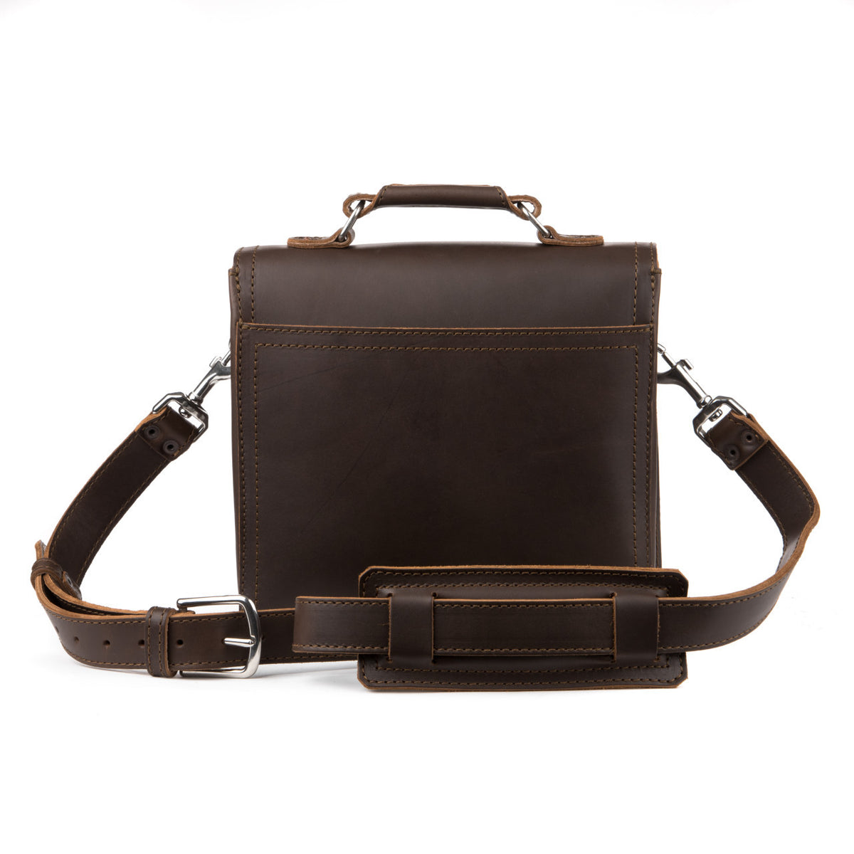 Indiana Leather Satchel in Dark Coffee Brown, back view with shoulder strap and padded shoulder pad