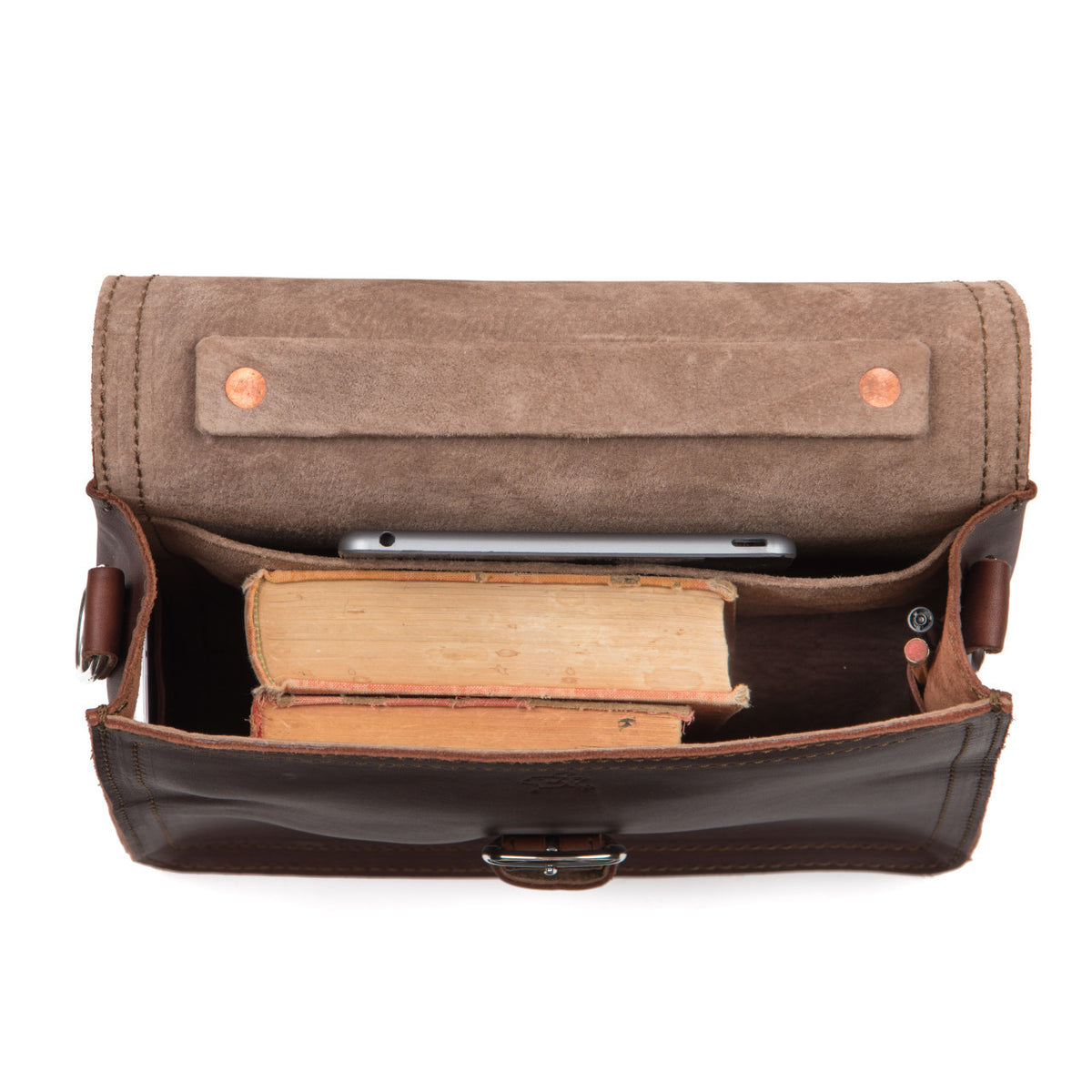 Indiana Leather Satchel in Chestnut, top view open showing old books and a phone inside