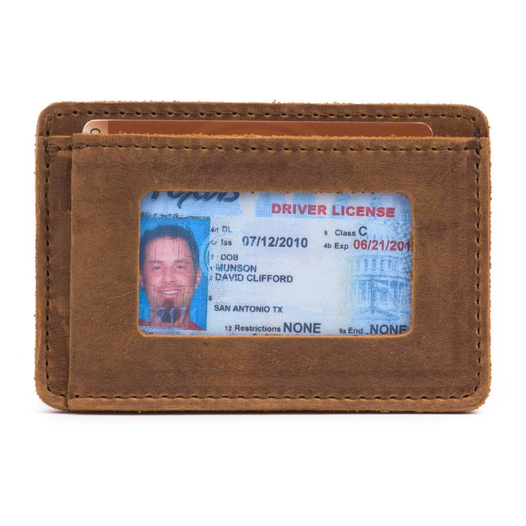 Front Pocket Leather ID Wallet in Tobacco, back view with a driver's license in the clear ID window