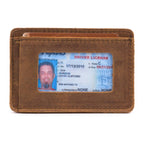 Front Pocket Leather ID Wallet in Tobacco, back view with a driver's license in the clear ID window