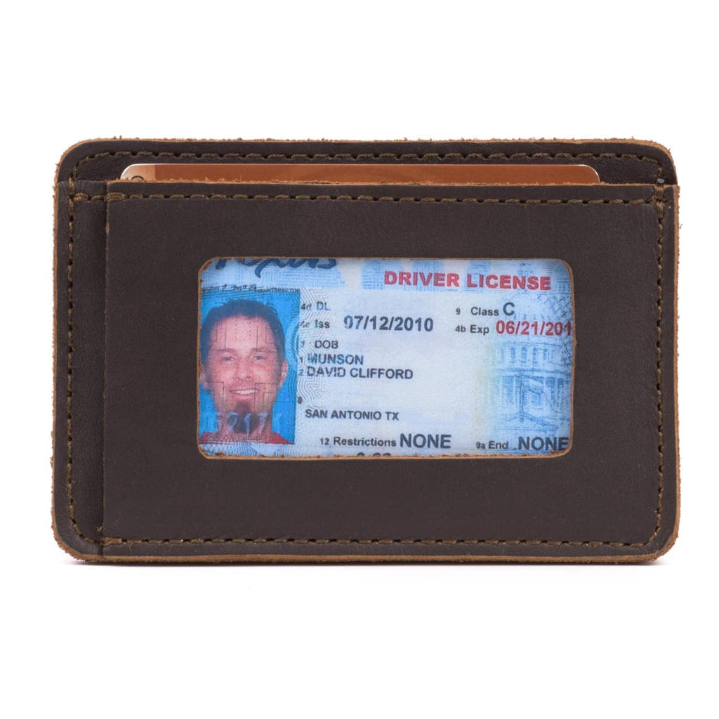 Front Pocket Leather ID Wallet in Dark Coffee Brown, back view with a driver's license in the clear ID window