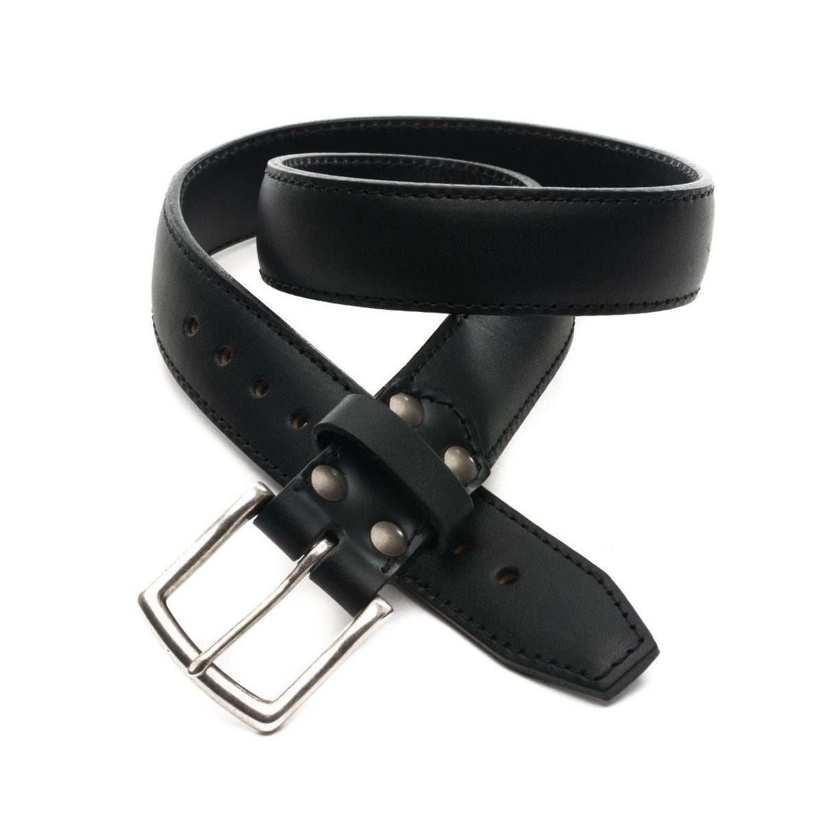 Leather Tow Belt in Black with stainless steel buckle and screw-post keeper, coiled close-up