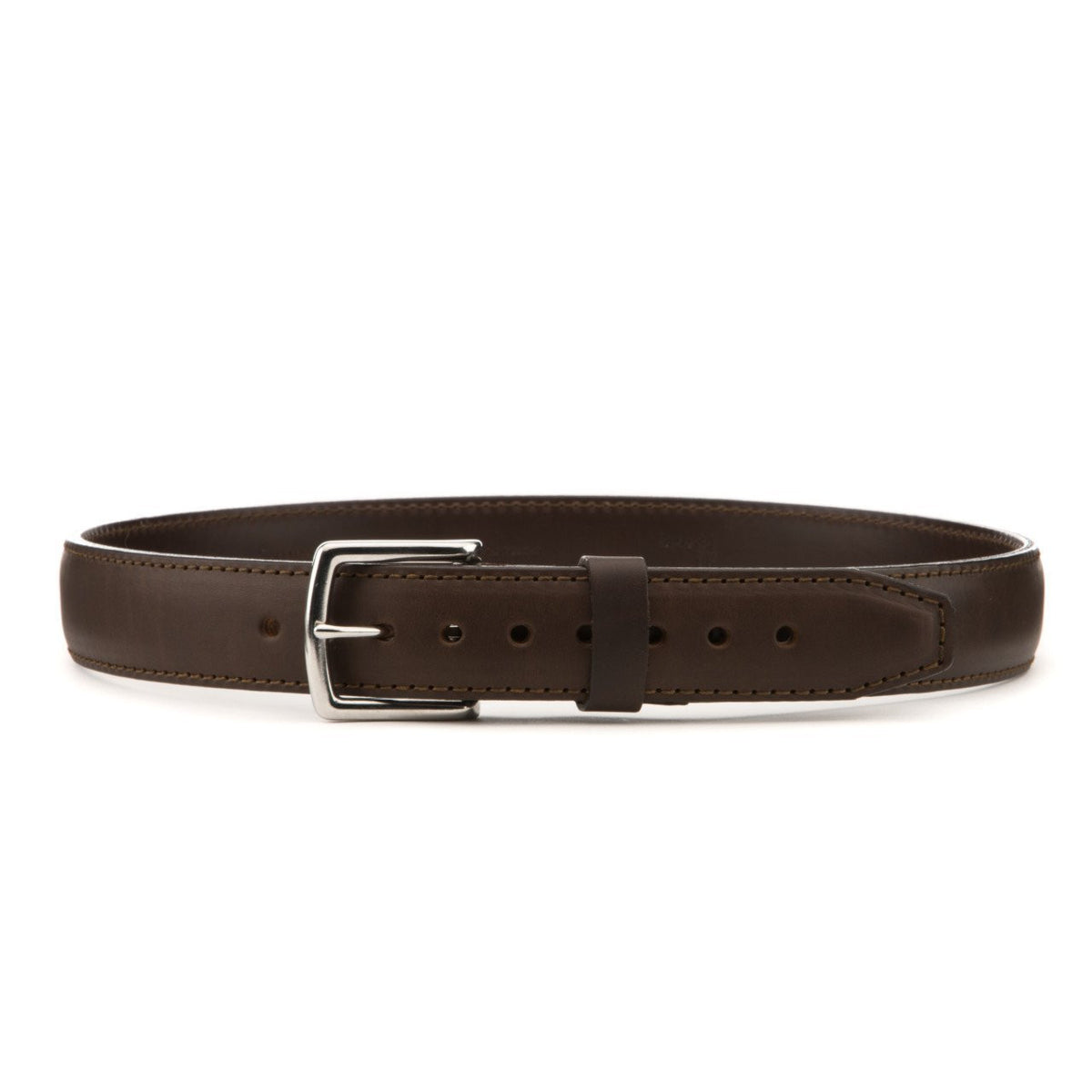 Leather Tow Belt in Dark Coffee Brown, buckled front view showing the stainless steel buckle and leather keeper