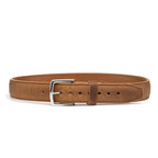Leather Tow Belt in Tobacco, buckled front view showing the stainless steel buckle and leather keeper