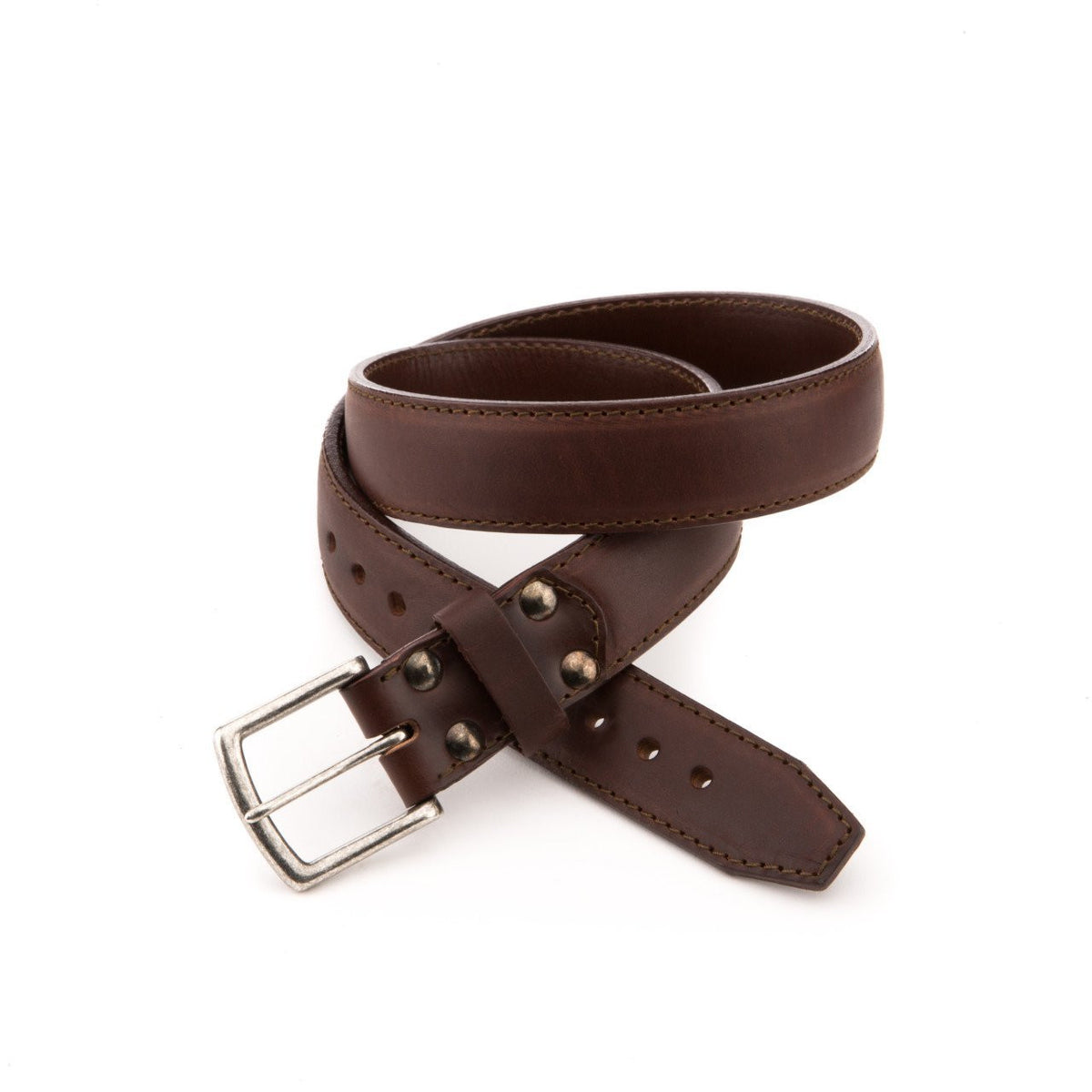 Leather Tow Belt in Chestnut with stainless steel buckle and screw-post keeper, coiled close-up
