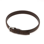Leather Tow Belt in Dark Coffee Brown, buckled into a loop with stainless steel buckle, angled top view