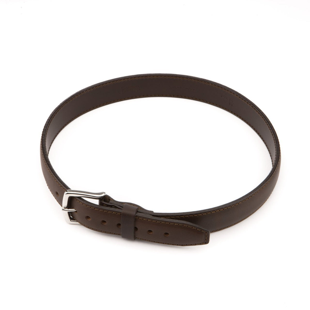 Leather Tow Belt in Dark Coffee Brown, buckled into a loop with stainless steel buckle, angled top view