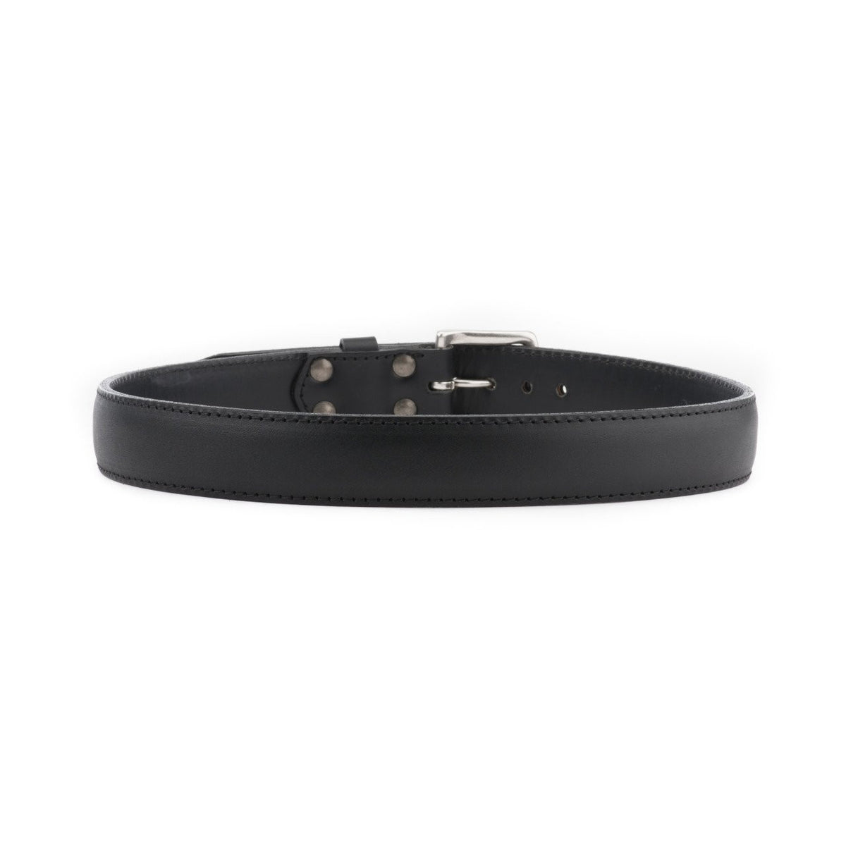 Leather Tow Belt in Black, buckled back view showing the stitched strap and screw posts