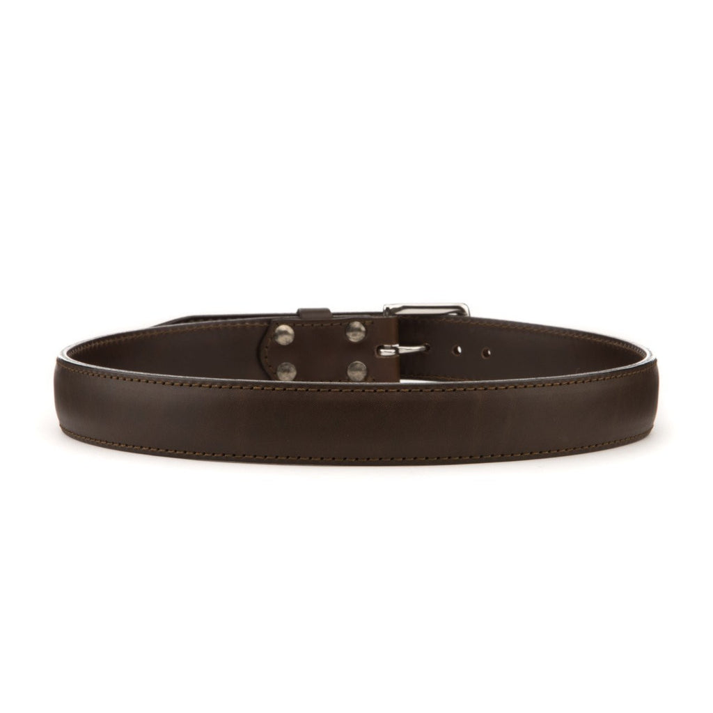 Leather Tow Belt in Dark Coffee Brown, buckled back view showing the stitched strap and screw posts
