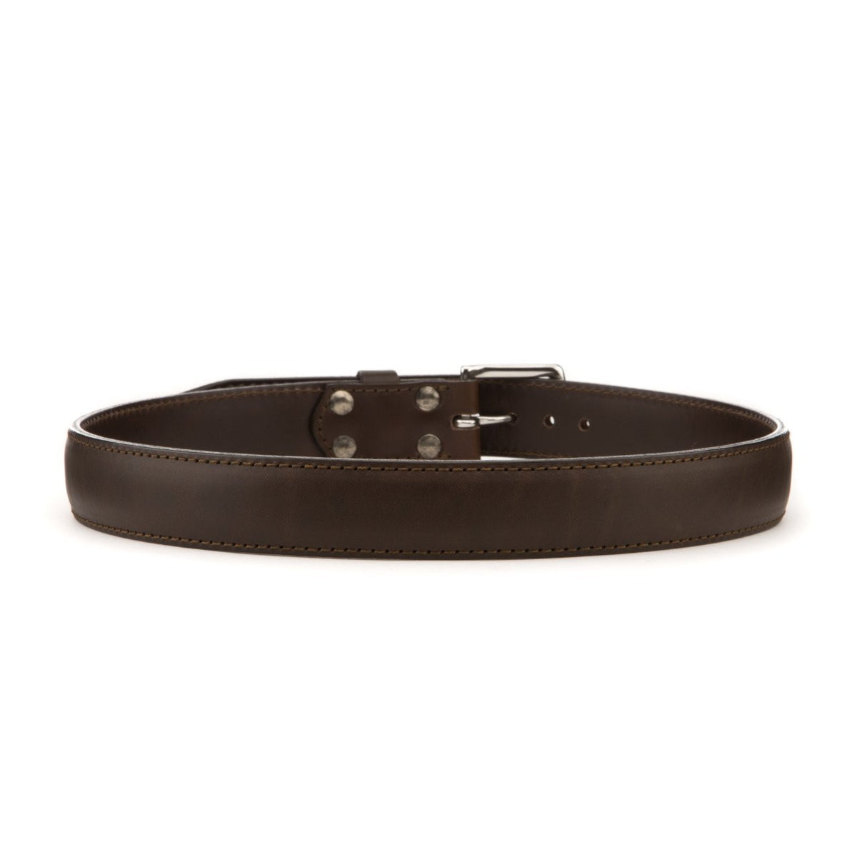 Leather Tow Belt in Dark Coffee Brown, buckled back view showing the stitched strap and screw posts