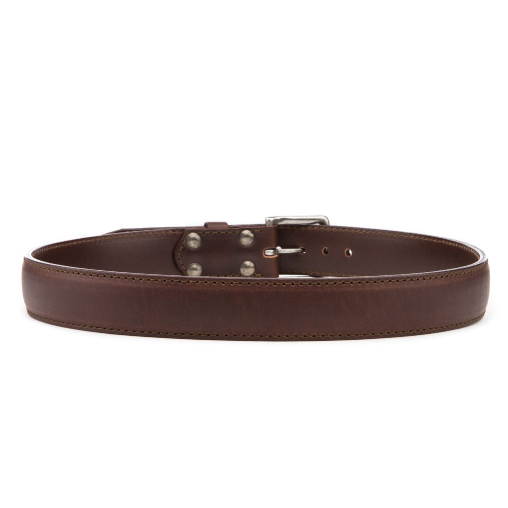 Leather Tow Belt in Chestnut, buckled back view showing the stitched strap and screw posts