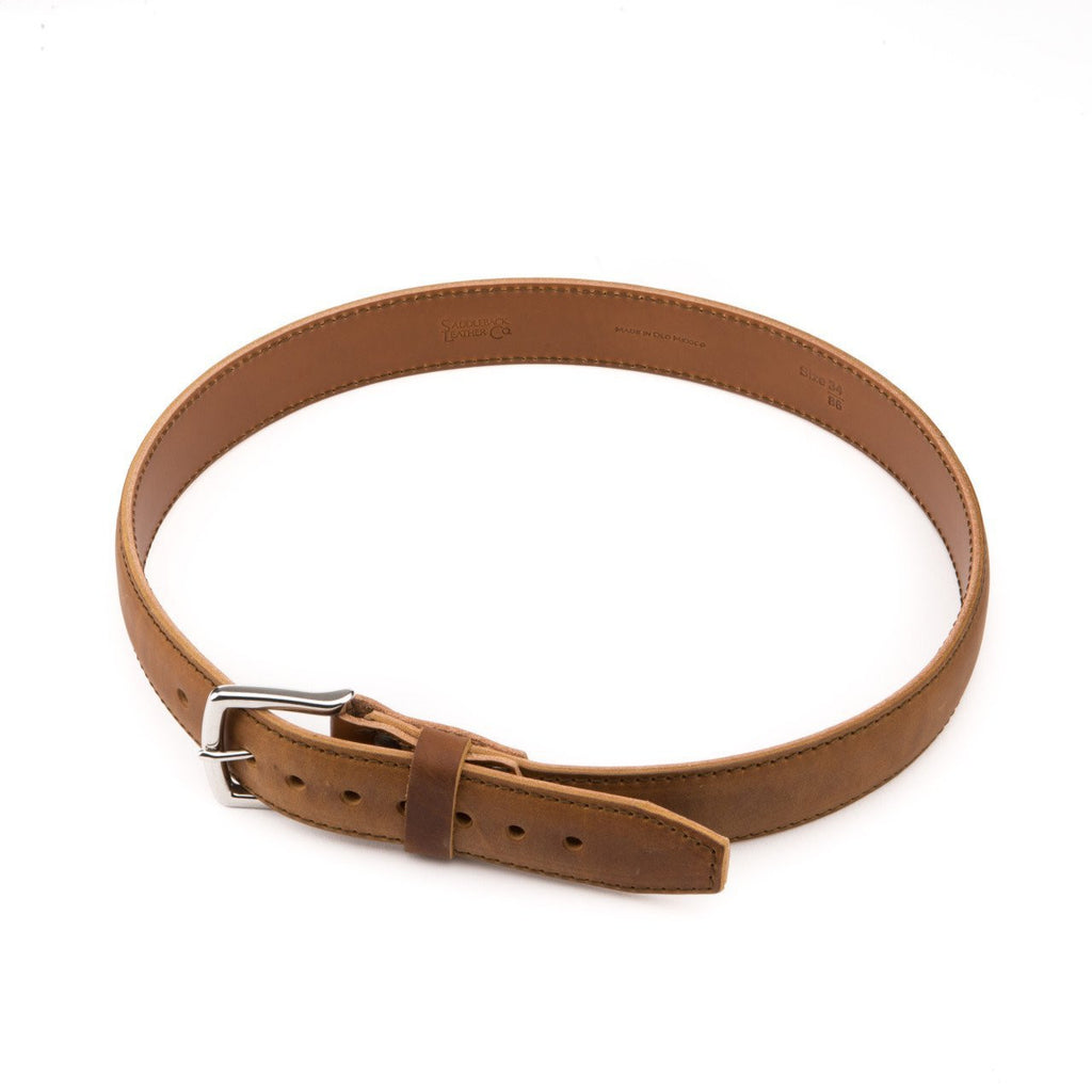 Leather Tow Belt in Tobacco, buckled into a loop with stainless steel buckle, angled top view