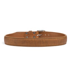 Leather Tow Belt in Tobacco, buckled back view showing the stitched strap and screw posts