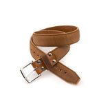 Leather Tow Belt in Tobacco with stainless steel buckle and screw-post keeper, coiled close-up