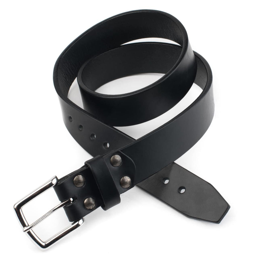 Old Bull Leather Belt in Black with riveted stainless steel buckle, coiled to show the thick strap