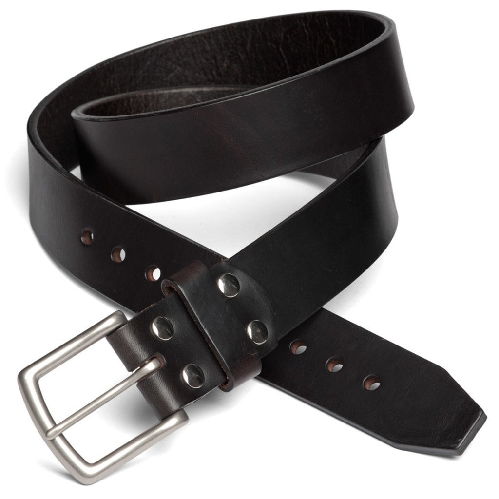 Old Bull Leather Belt in Dark Coffee Brown with riveted stainless steel buckle, coiled to show the thick strap