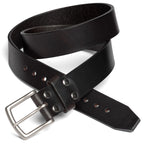 Old Bull Leather Belt in Dark Coffee Brown with riveted stainless steel buckle, coiled to show the thick strap